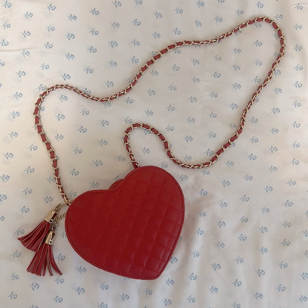Mali + Lili micro red heart purse with gold braided strap and zipper tassels